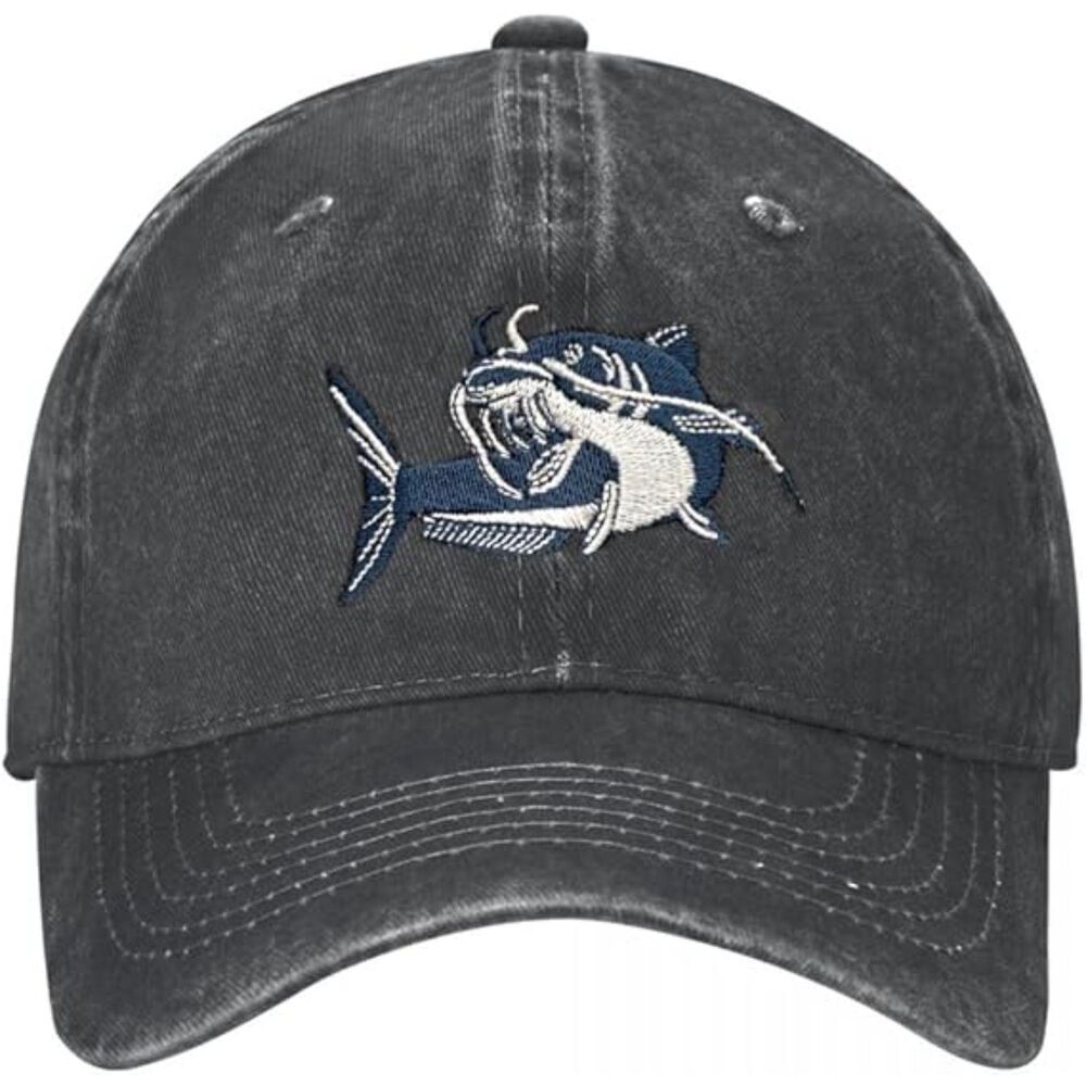 Unisex Black Cotton Catfish Embroidered Adjustable Buckle Classic Baseball Cap